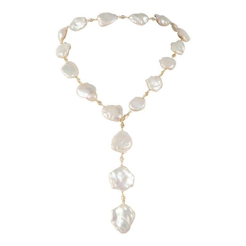 721-01-G | STONE PEARL & CRYSTAL LARIAT (WHITE ON GOLD)