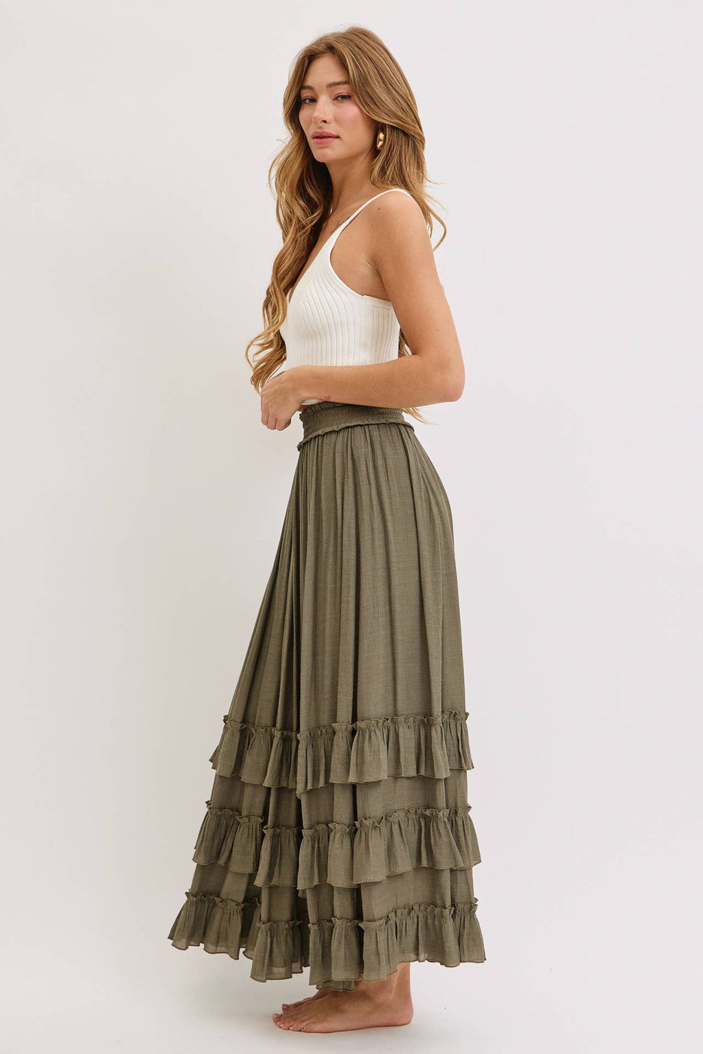 EASY FLOWY TIERED RUFFLE MAXI SKIRT