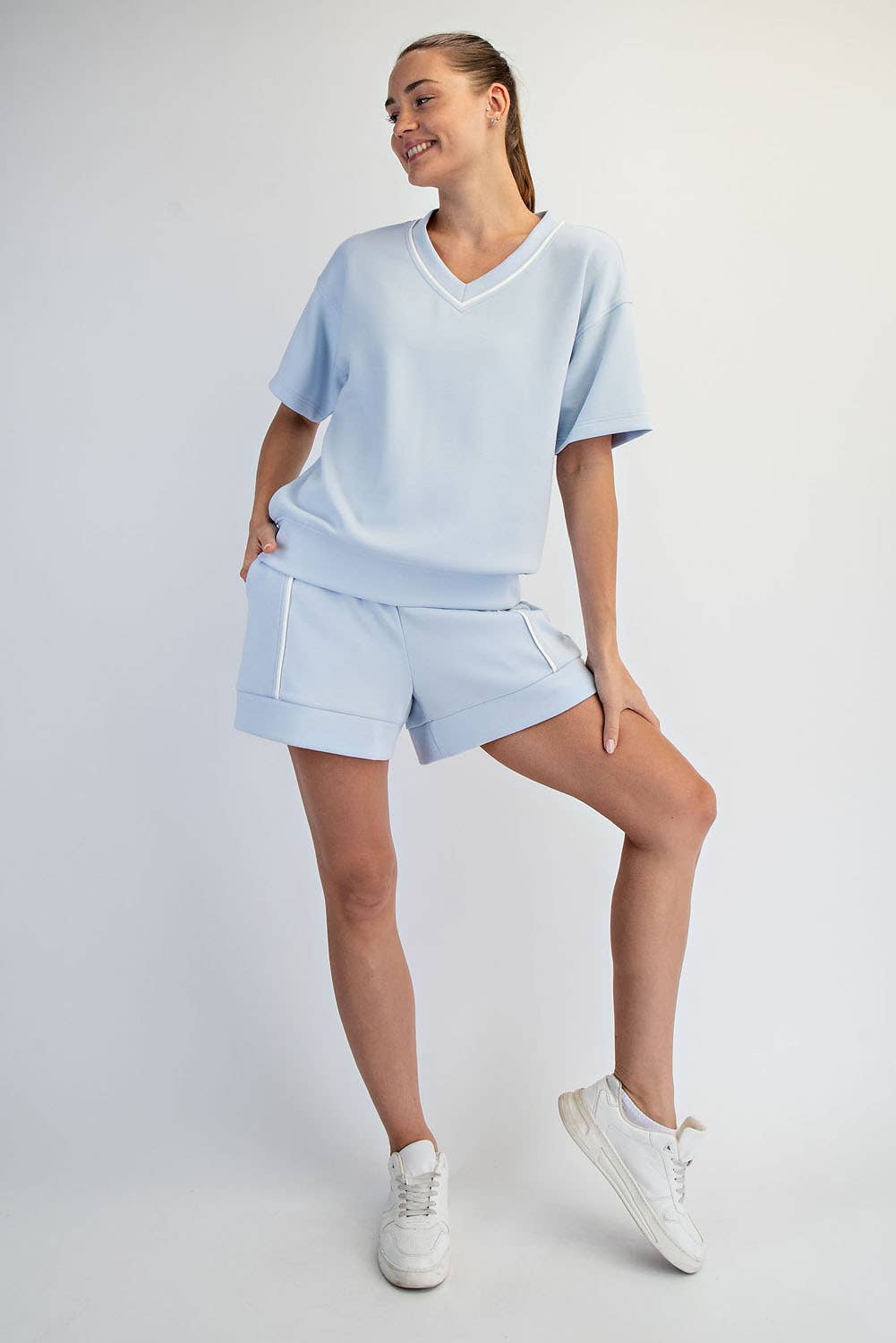 MODAL SCUBA V NECK FLAT PIPING SHORT SLEEVE TOP