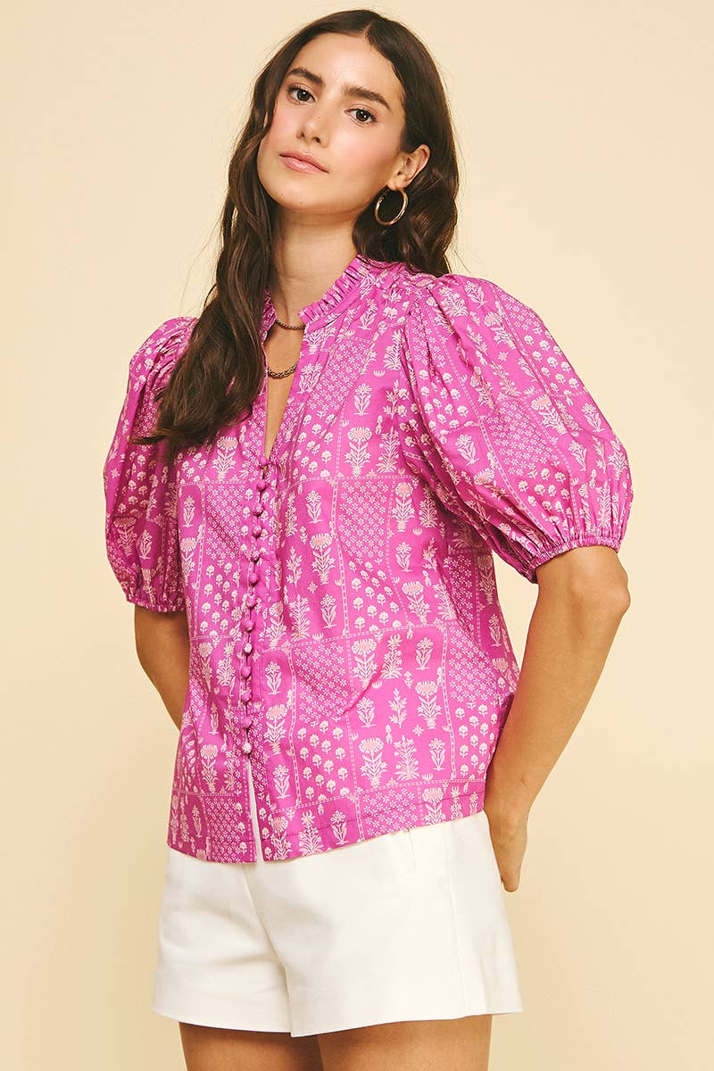 FLORAL BUTTON DOWN BLOUSE TOP - 6138TC