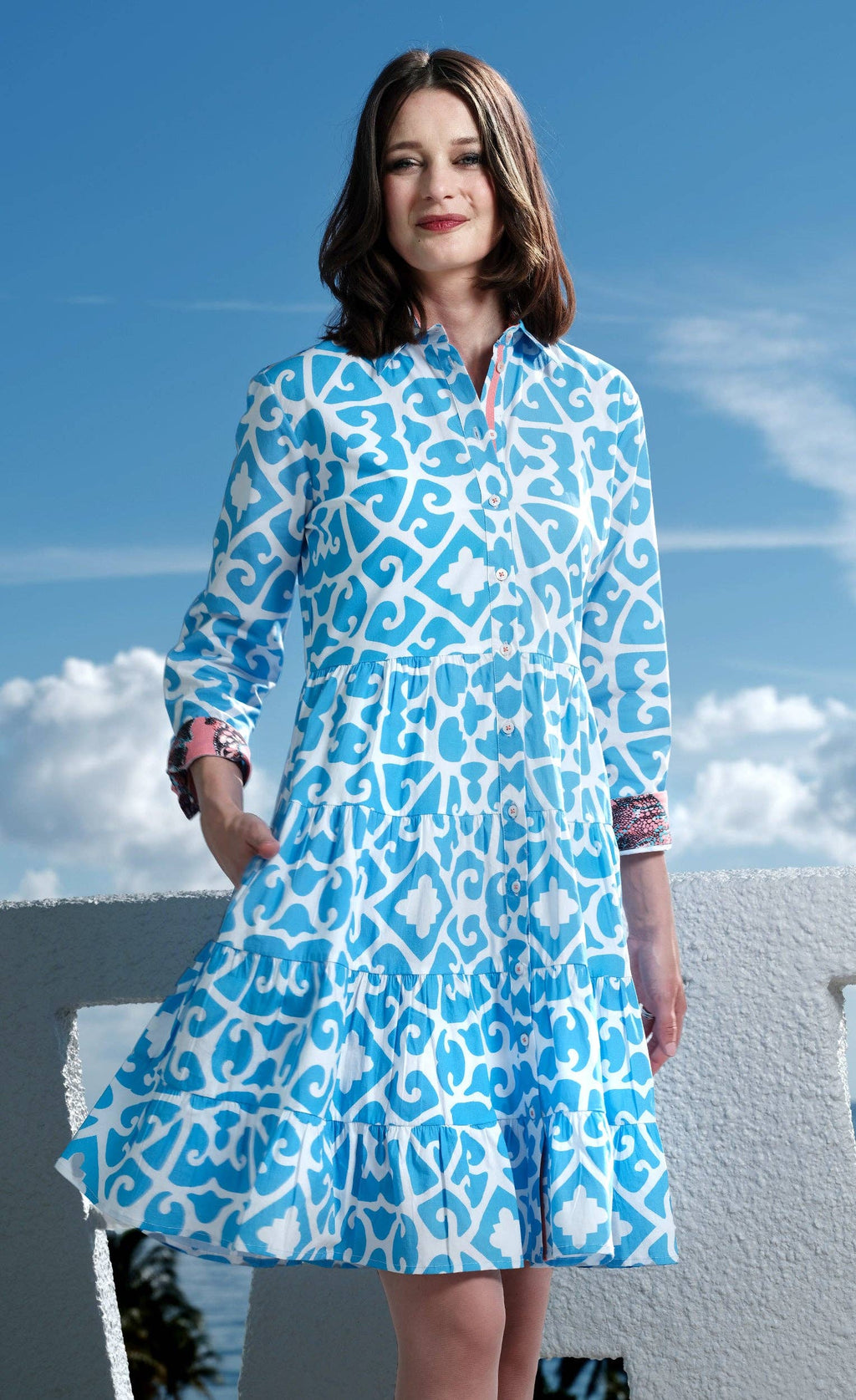 Delray Dress Cotton Sateen Blue White Geometric Print