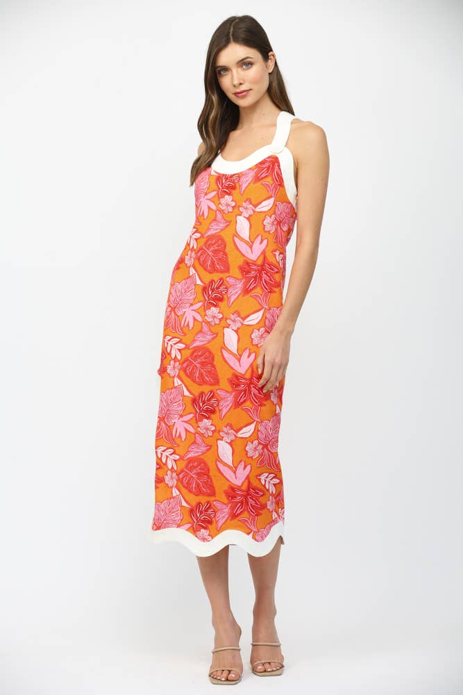 WAVY EDGE TROPICAL PRINT LINEN BLEND SLVL MIDI DRESS FD35906