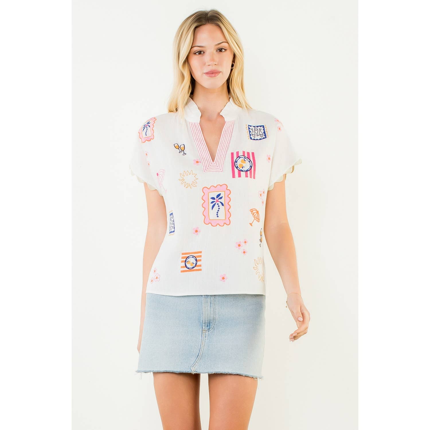 Short Sleeve Embroidery Detail Top