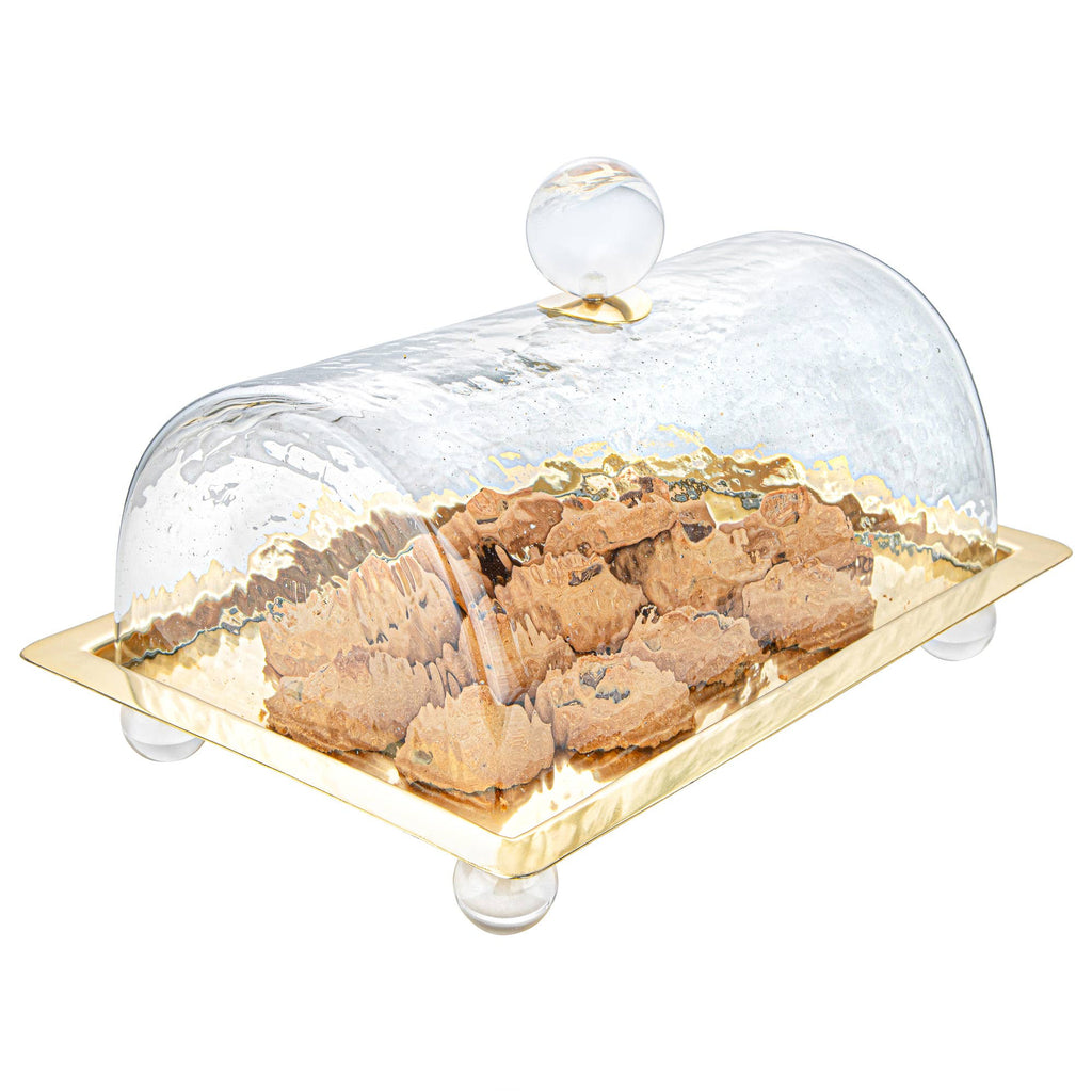 Rectangle Cake Dome Gold with Ball Knob - 10.2"L