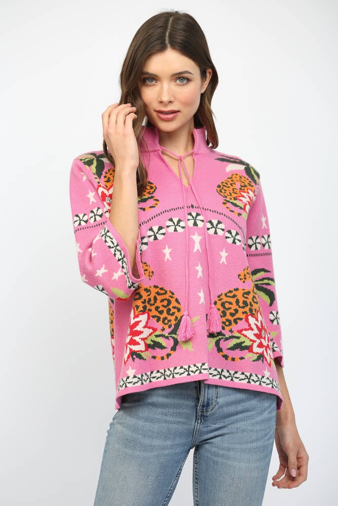 FRONT NECK TIE PRINT KNIT SWEATER FW10530