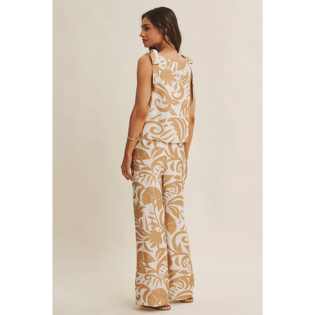 EURO SUMMER ISLAND FOLIAGE AIRY WIDE-LEG PANTS IN WARM LATTE