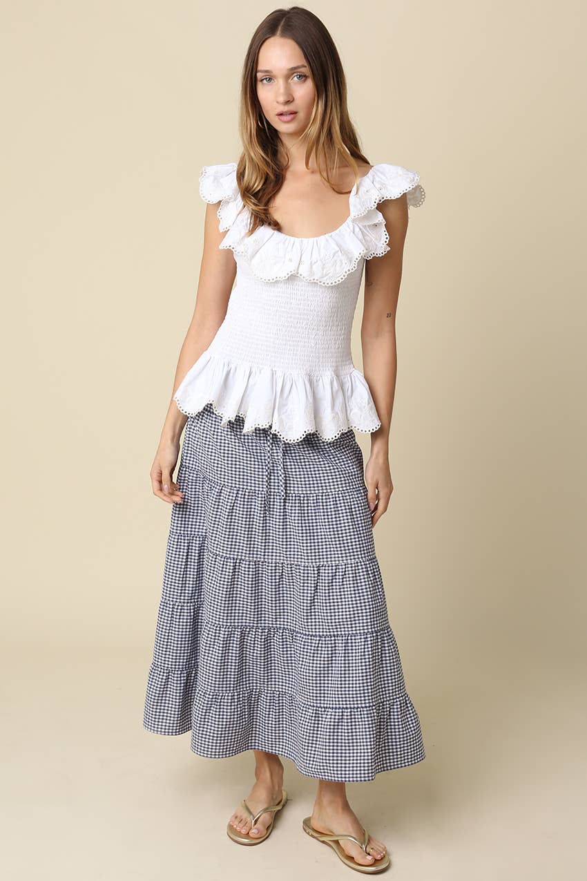 Jasmine Gingham Drawstring Tiered Maxi Skirt