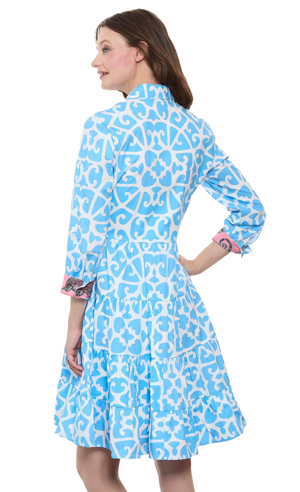 Delray Dress Cotton Sateen Blue White Geometric Print