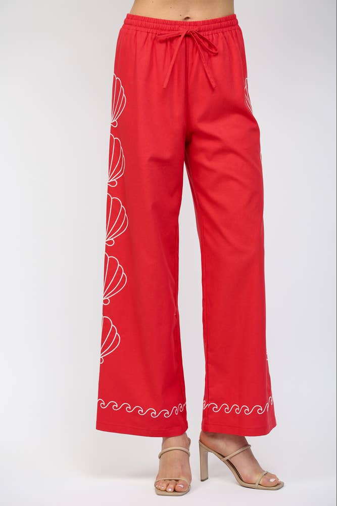 SEA SHELL EMBROIDERED ELASTIC WAIST BAND PANTS FP61120