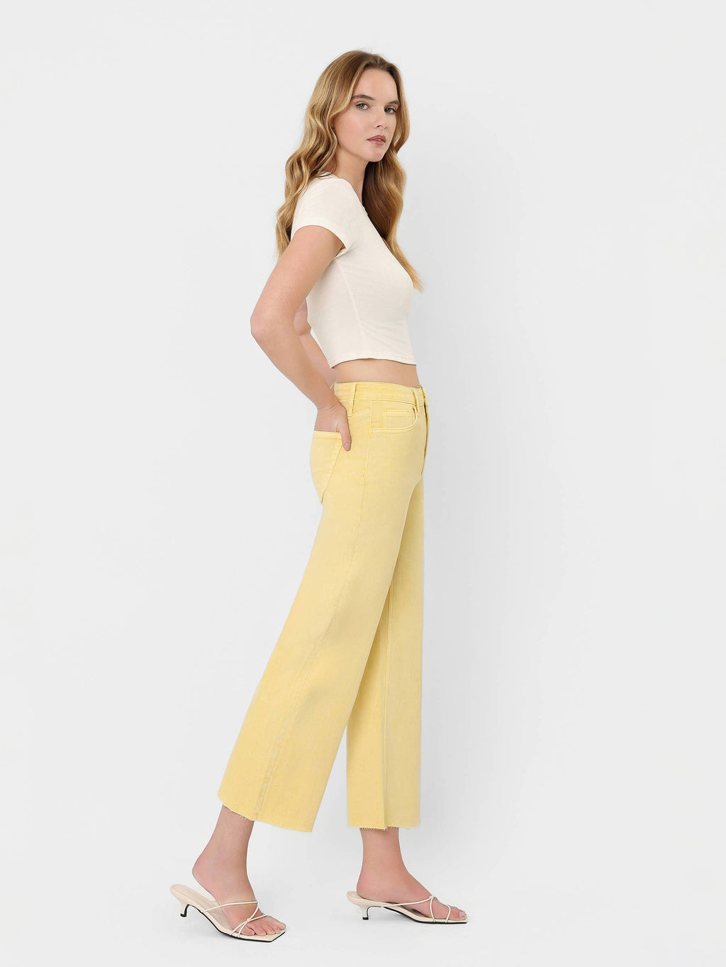 HIGH RISE BABY YELLOW COLOR CROP WIDE LEG JEANS T5894BYL