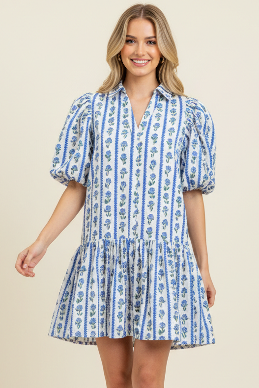 FLORAL STRIPE PUFFED SLEEVE MINI DRESS - 4450DK