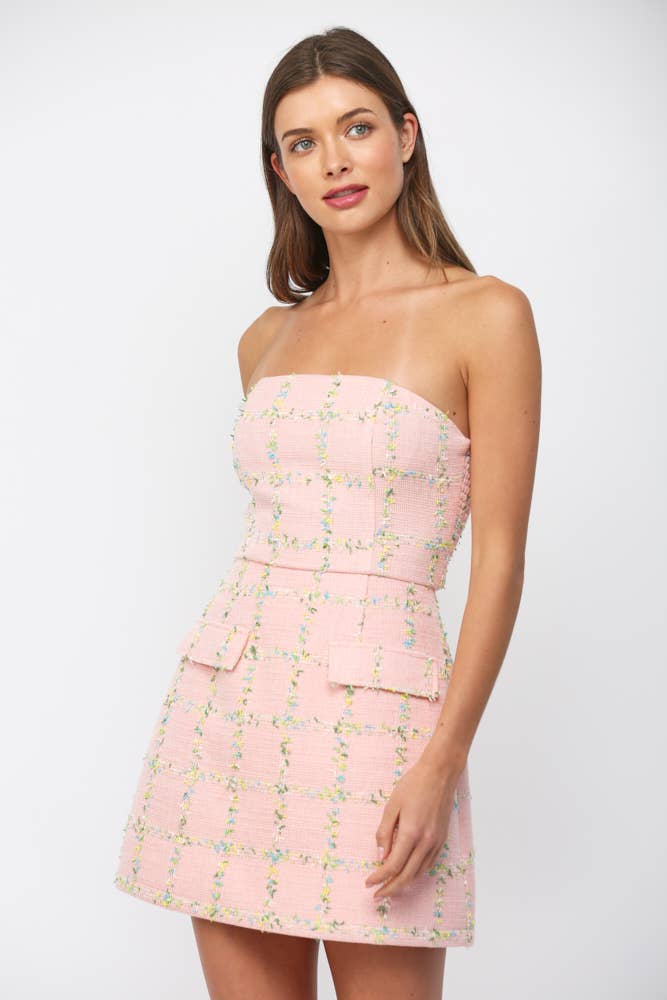 STRAPLESS TWEED DRESS WITH FRONT FAUX POCKETS  FD31394