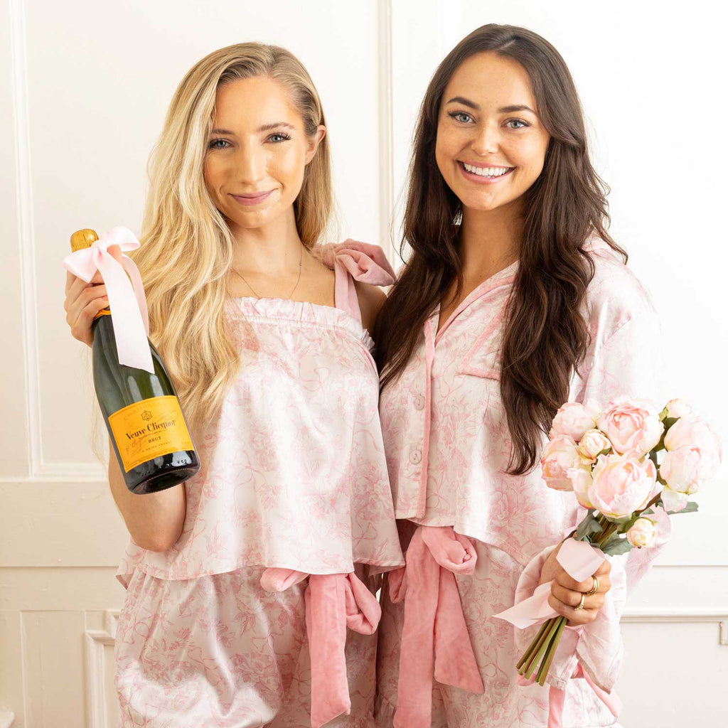 Pink Bow Toile Tie Top Satin Ruffle Short PJ Set