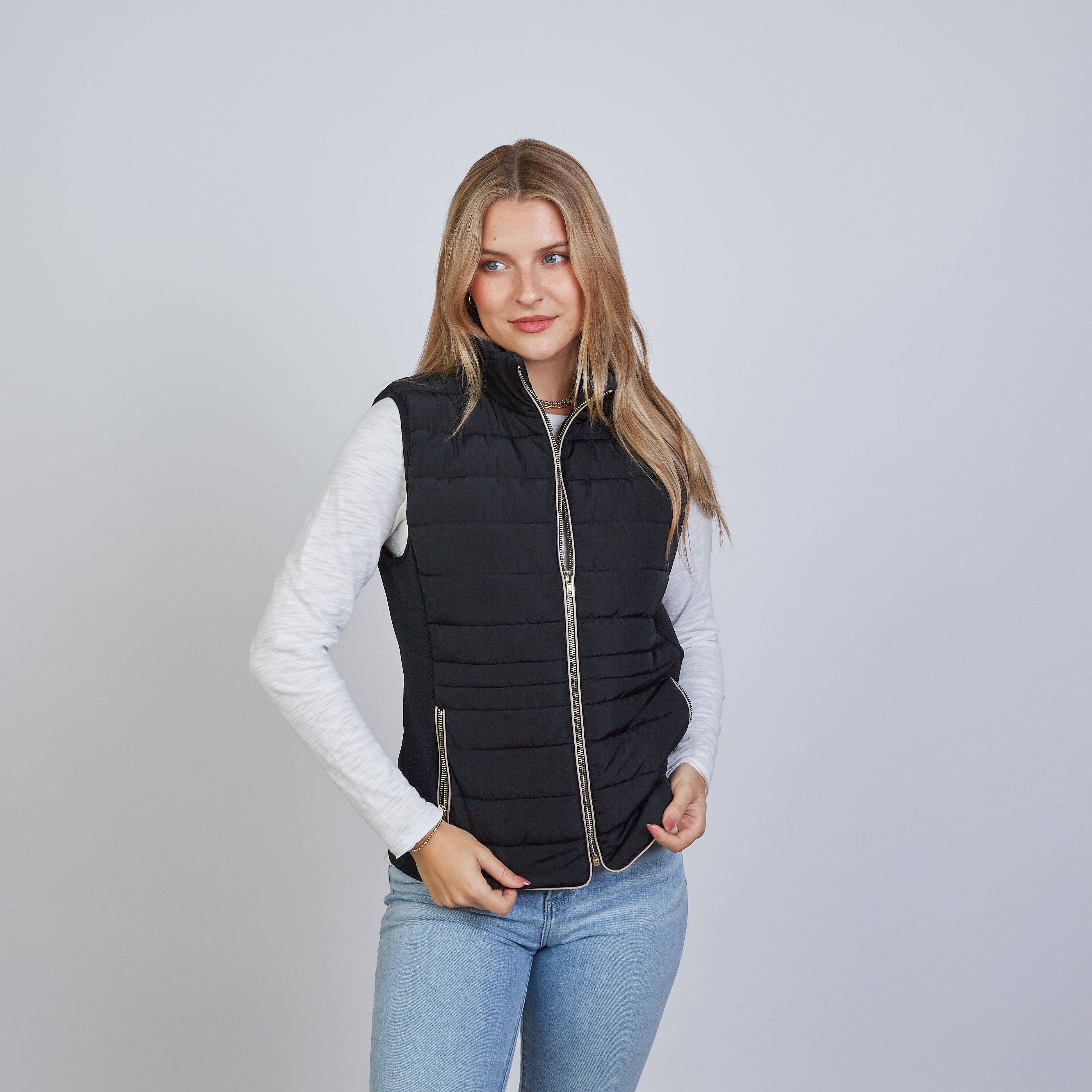 The Icon Perfect Fit Puffer Vest in Black & Khaki