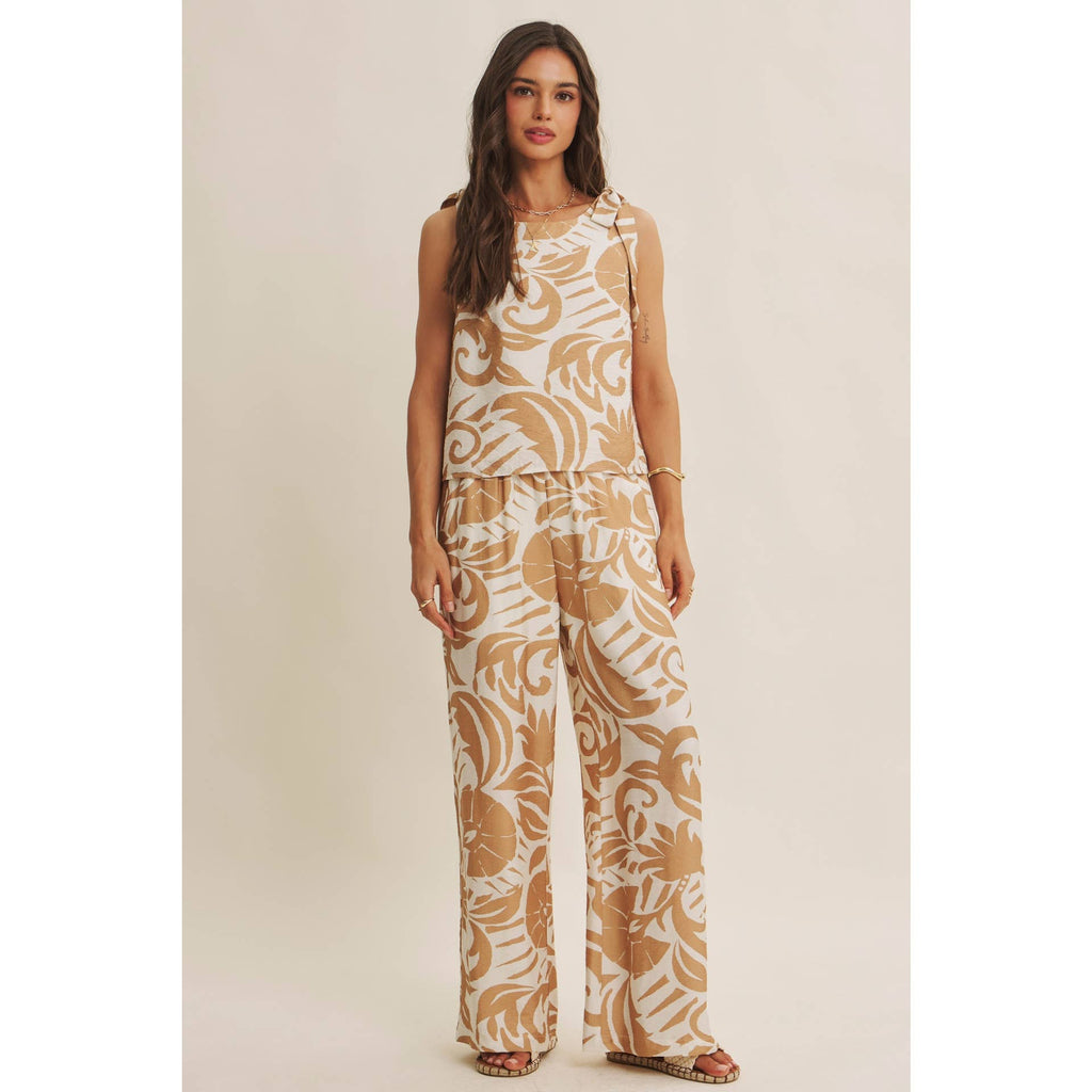 EURO SUMMER ISLAND FOLIAGE CLEAN NECK TOP WITH TIE STRAPS