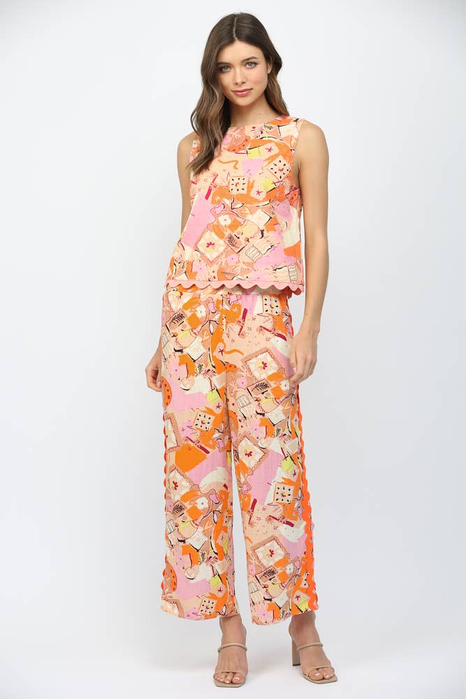 RIC-RAC TRIMMED ABSTRACT PRINT LINEN BLEND SLVL Set