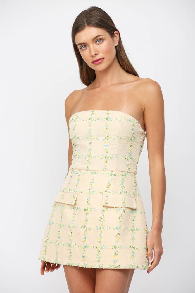 STRAPLESS TWEED DRESS WITH FRONT FAUX POCKETS  FD31394