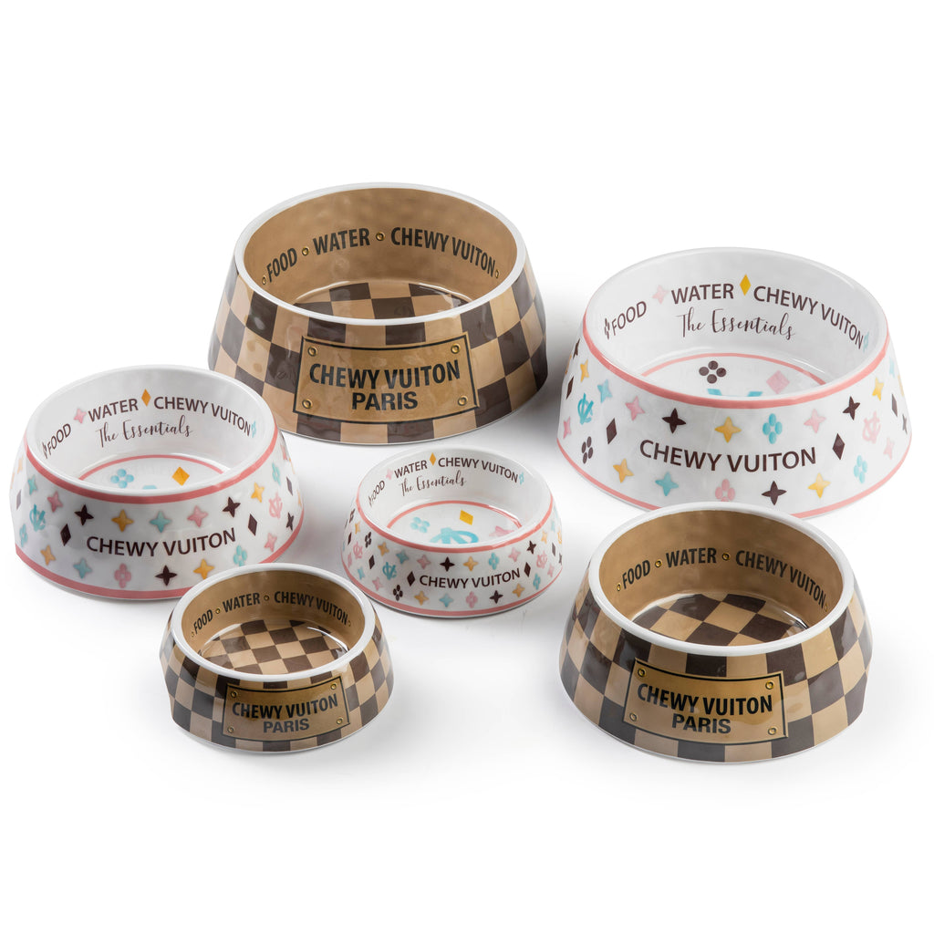 Tan Checker Chewy Vuiton Bowls & Placemat Set Dog Food Bowl
