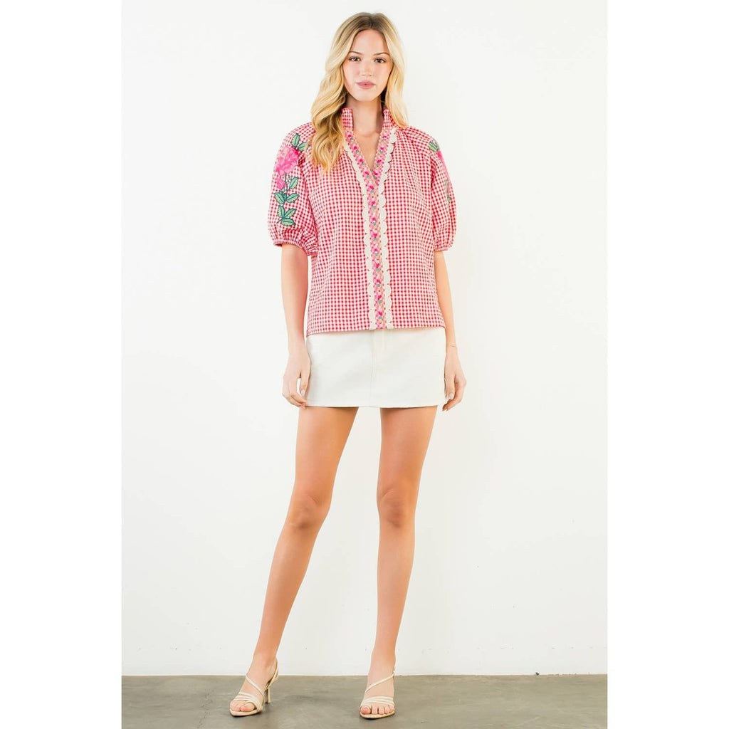 Embroidery Detail Puff Sleeve Gingham V-Neck Top
