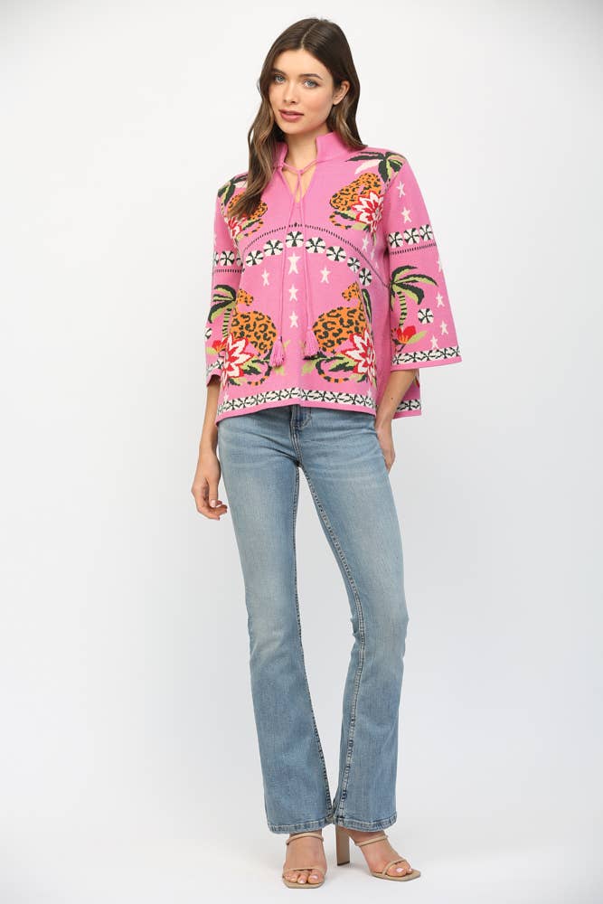 FRONT NECK TIE PRINT KNIT SWEATER FW10530