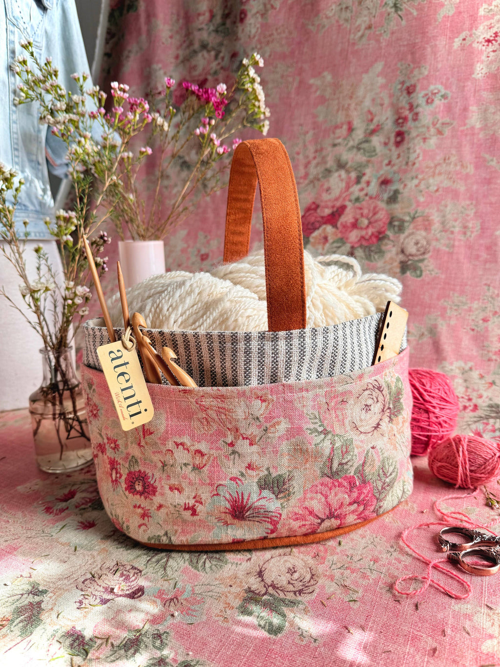 Rosewood Caddy– Handmade USA Floral Yarn & Notions Organizer, Atenti Project Bag