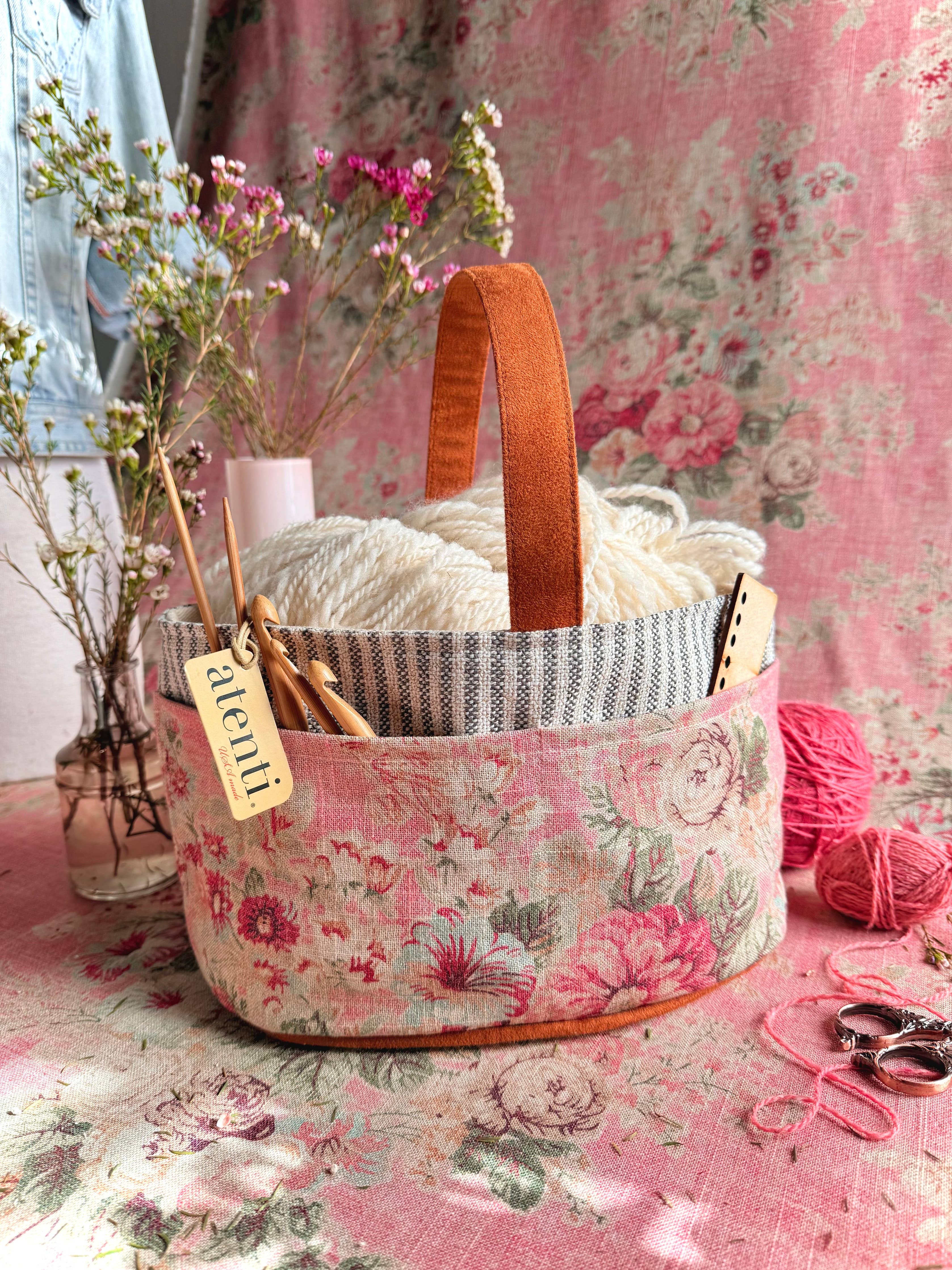 Rosewood Caddy– Handmade USA Floral Yarn & Notions Organizer, Atenti Project Bag