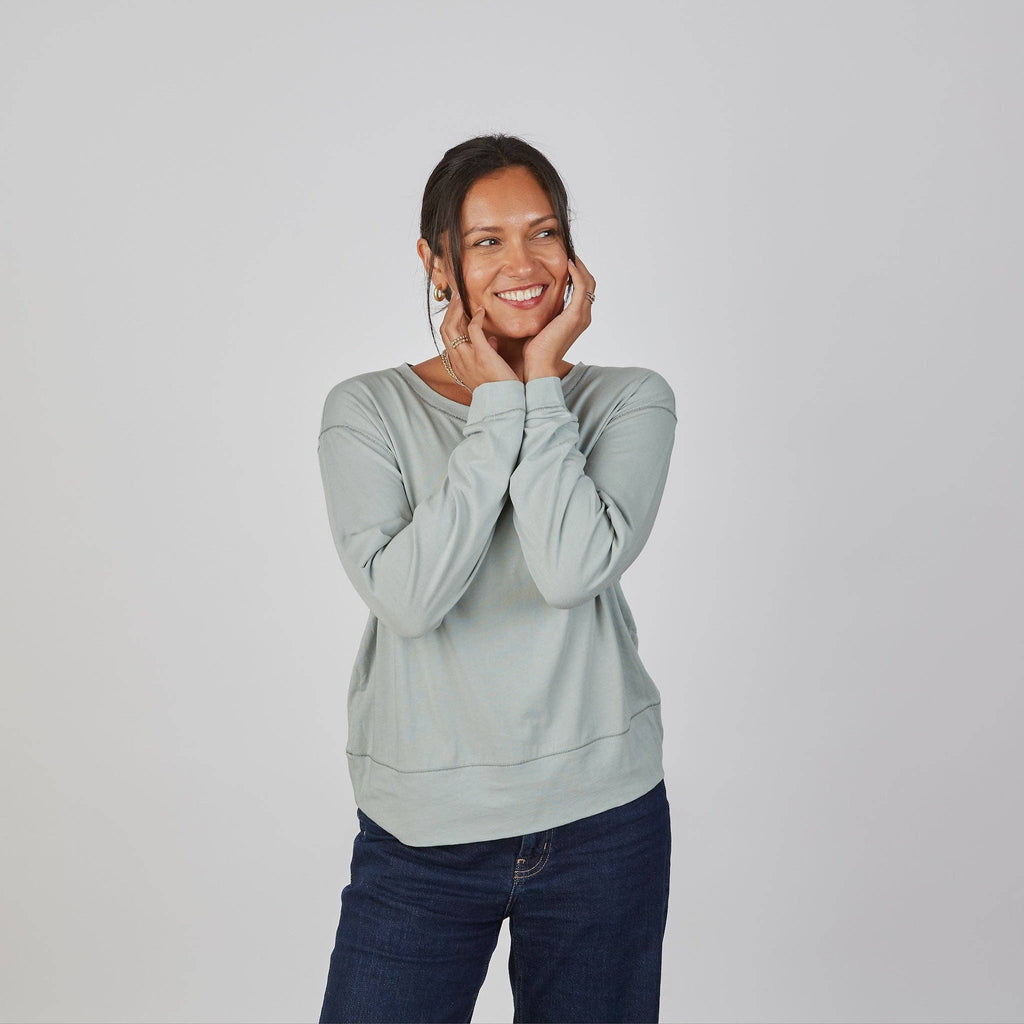Studio Tee in Sea Glass Blue and White - Long Sleeve