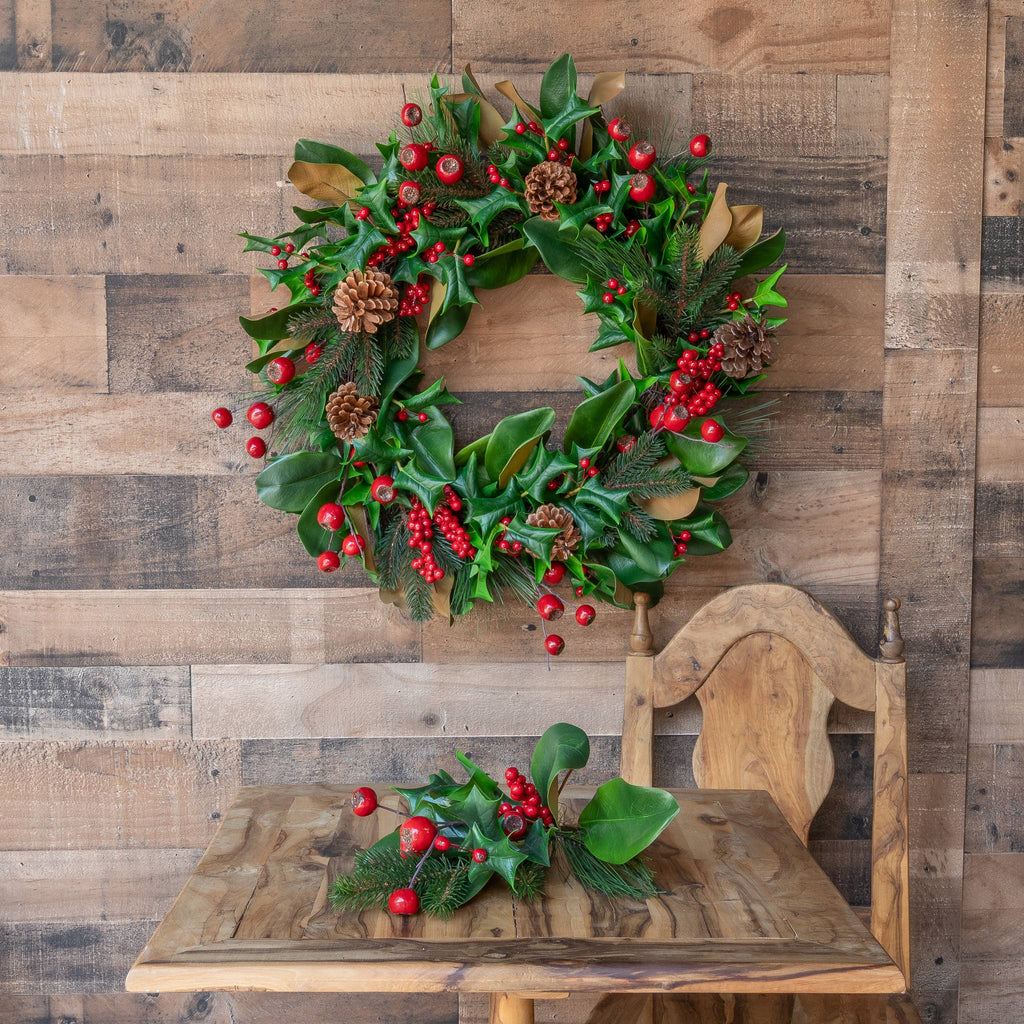 Magnolia & Red Berry Wreath - 24 Inch