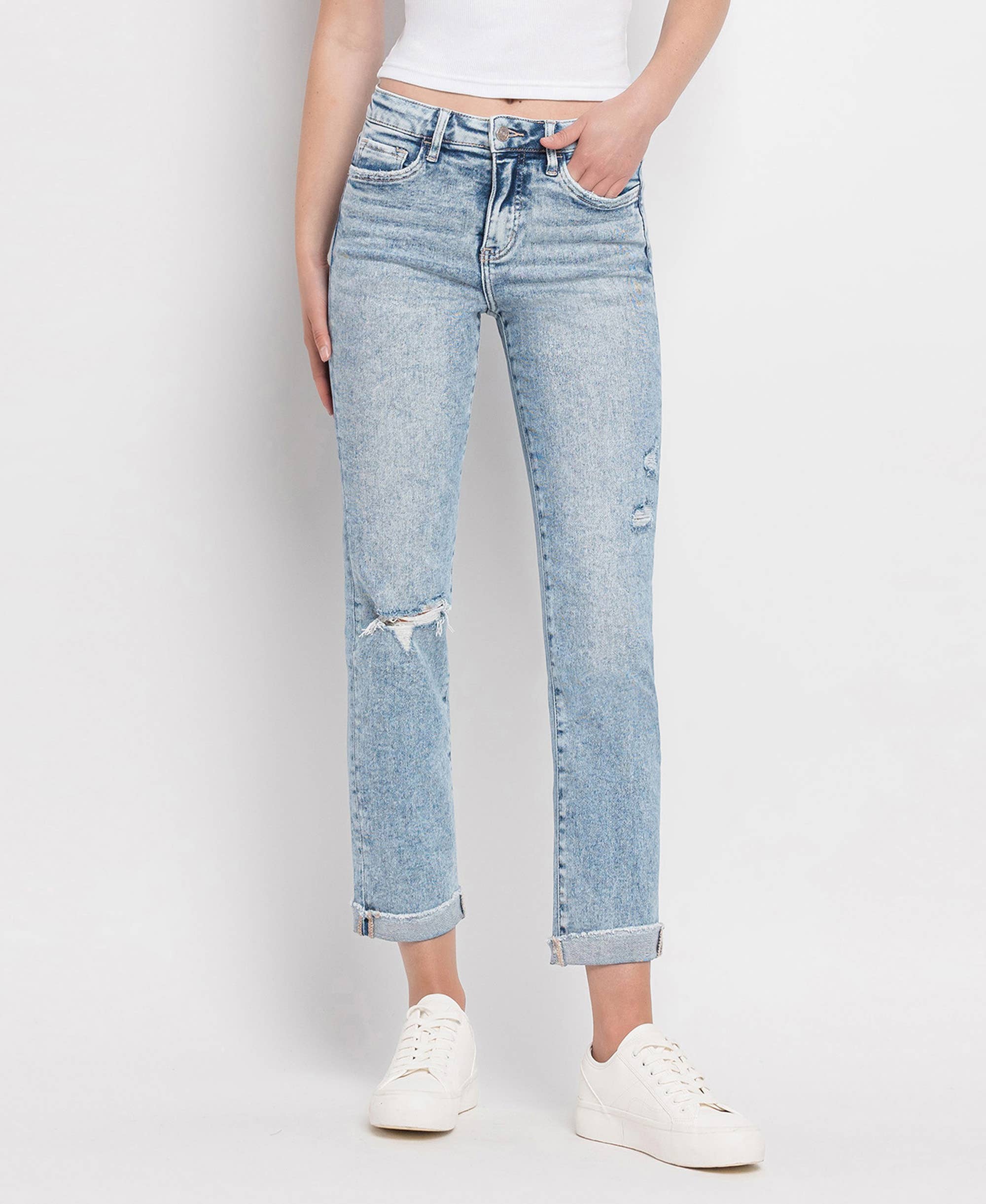 TUMMY CONTROL HIGH RISE CUFF SLIM STRAIGHT JEANS LV1302