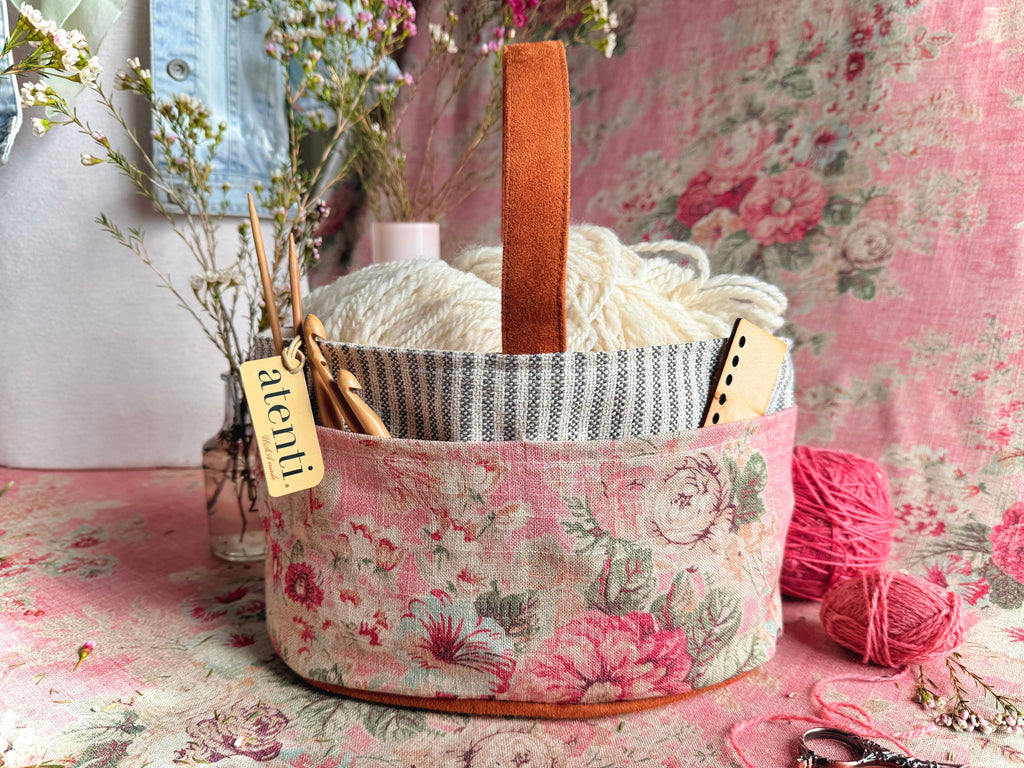 Rosewood Caddy– Handmade USA Floral Yarn & Notions Organizer, Atenti Project Bag