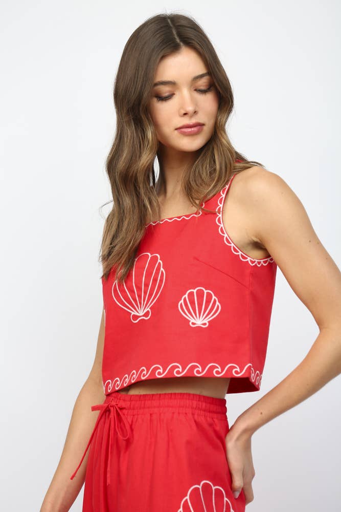 SHEA SHELL EMBROIDERED SQUARED NECKLINE CROPPED TOP FT21293