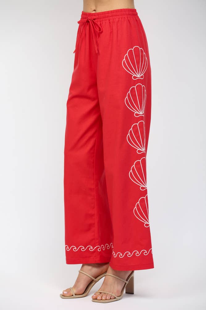SEA SHELL EMBROIDERED ELASTIC WAIST BAND PANTS FP61120