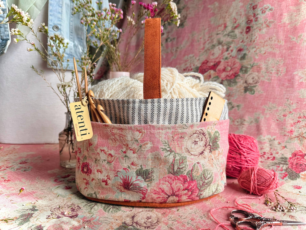 Rosewood Caddy– Handmade USA Floral Yarn & Notions Organizer, Atenti Project Bag