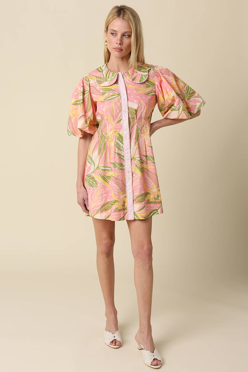 Nia Tropical Puff Sleeve Mini Dress