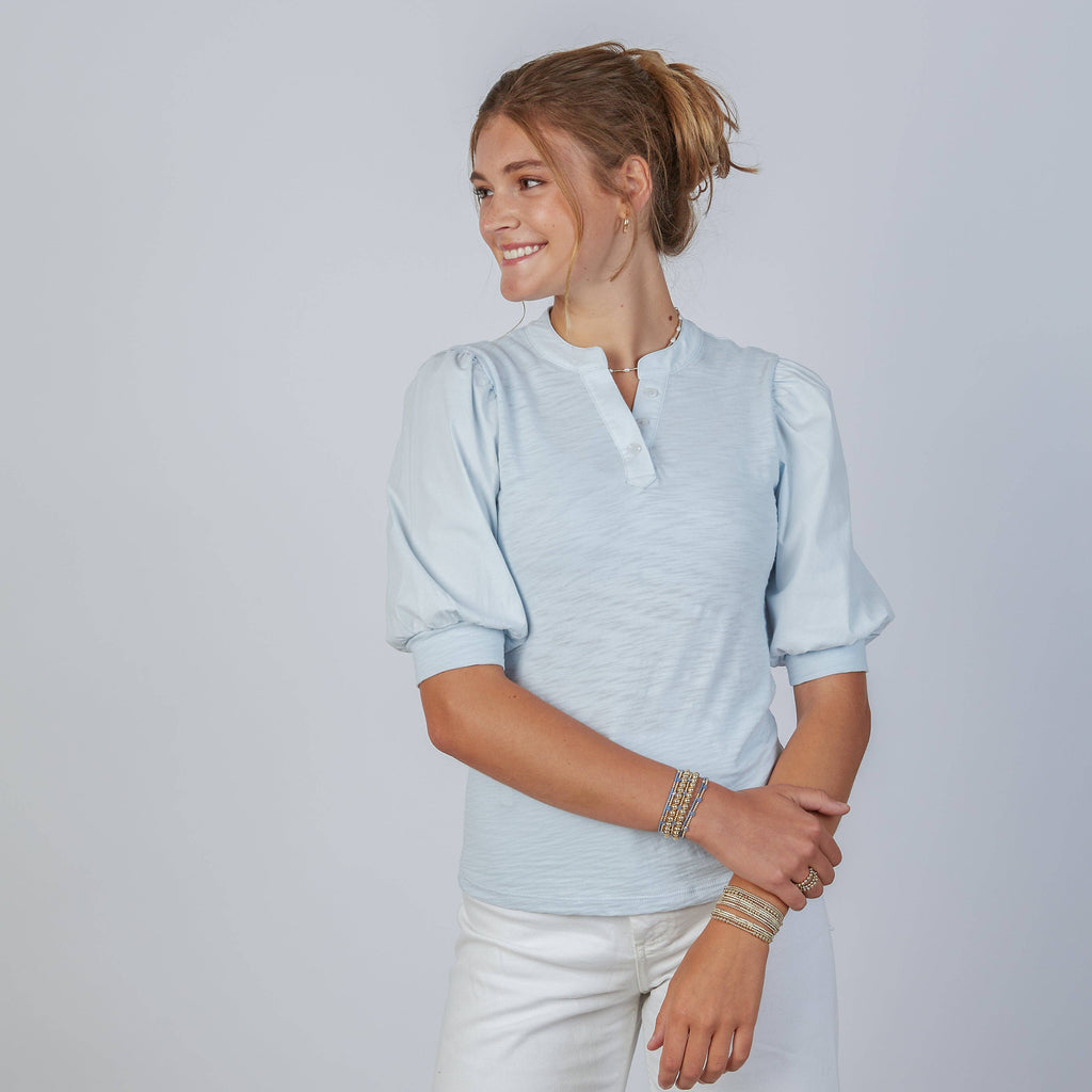Kate Puff Sleeve V in Slub in Sky Blue