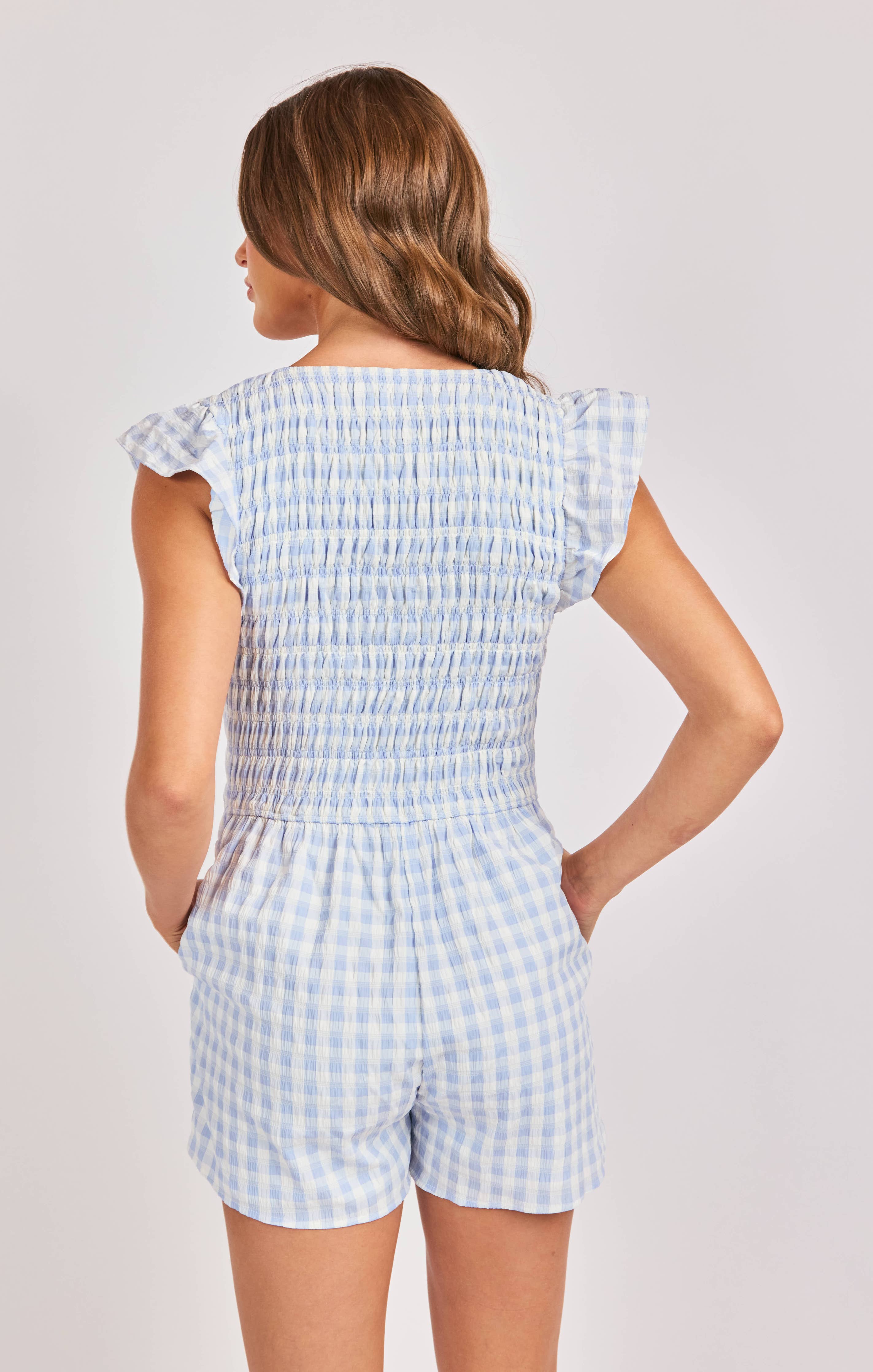 Starlet Gingham Romper:SKY BLUE