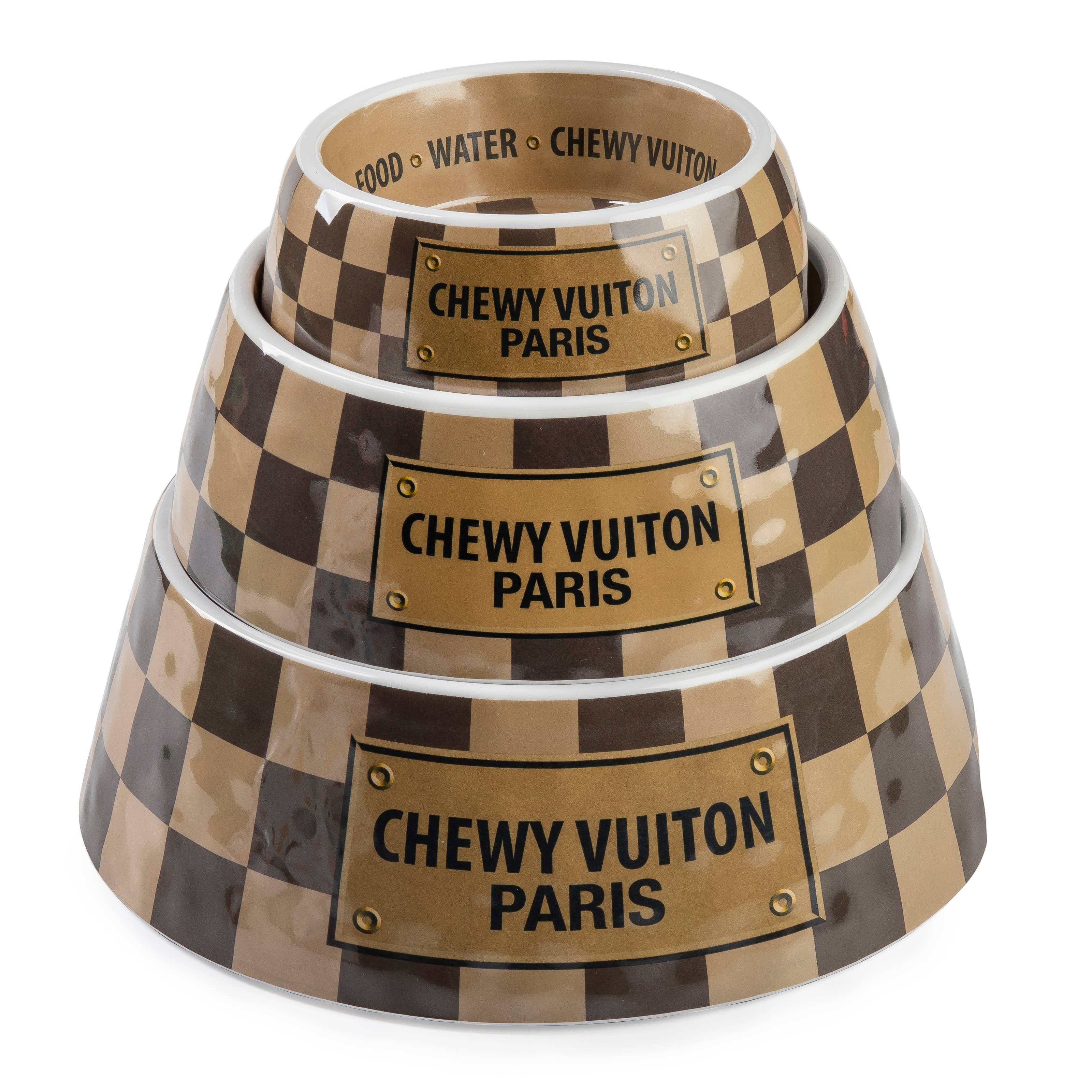 Tan Checker Chewy Vuiton Bowls & Placemat Set Dog Food Bowl