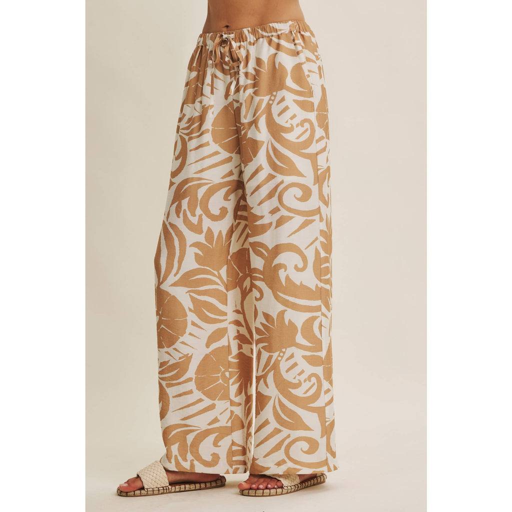 EURO SUMMER ISLAND FOLIAGE AIRY WIDE-LEG PANTS IN WARM LATTE