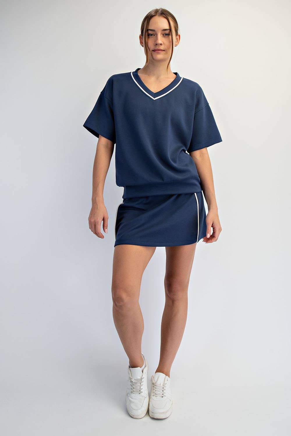 MODAL SCUBA V NECK FLAT PIPING SHORT SLEEVE TOP