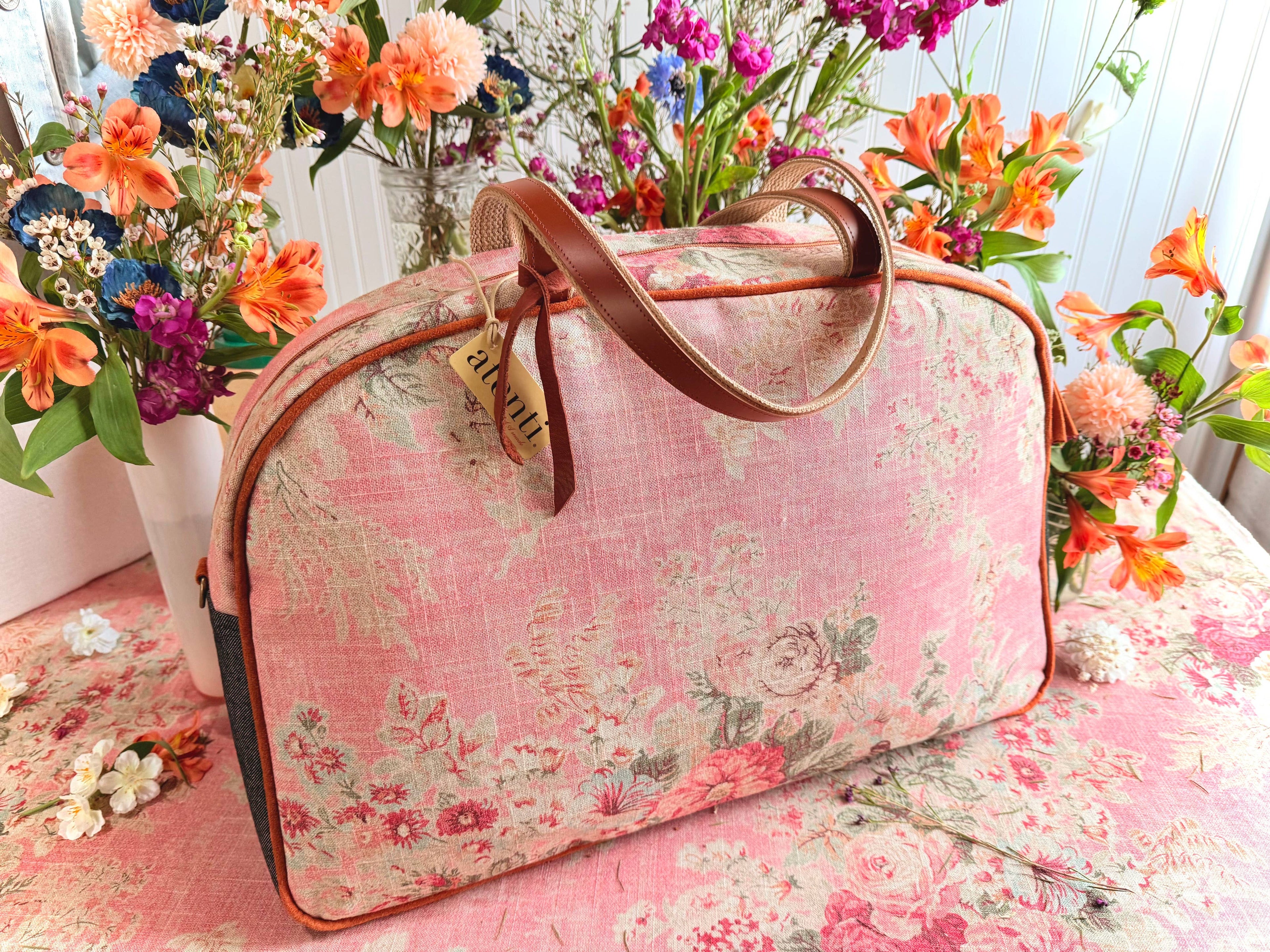 Rosewood Overnighter-Atenti USA Handmade Weekender, Floral Travel Bag