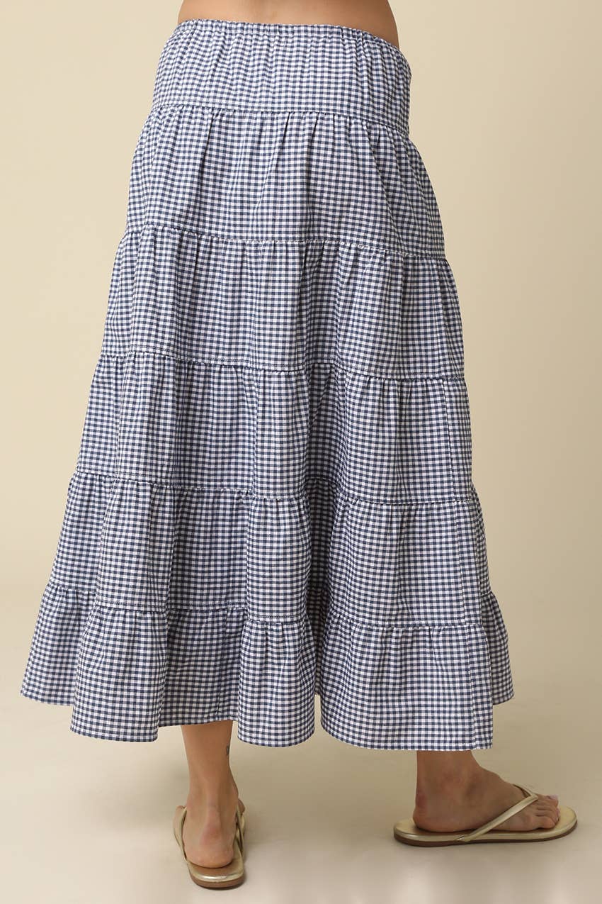 Jasmine Gingham Drawstring Tiered Maxi Skirt