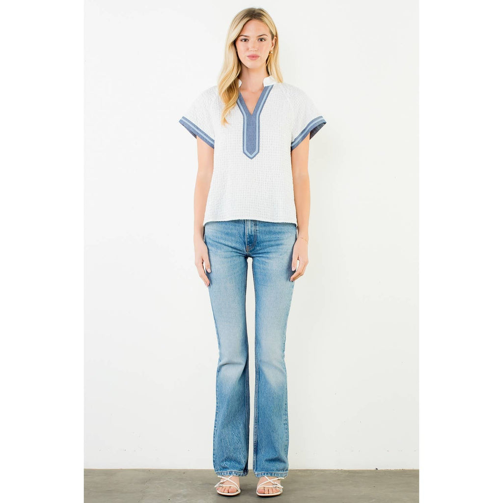 Short Sleeve Textured V-Neck Top