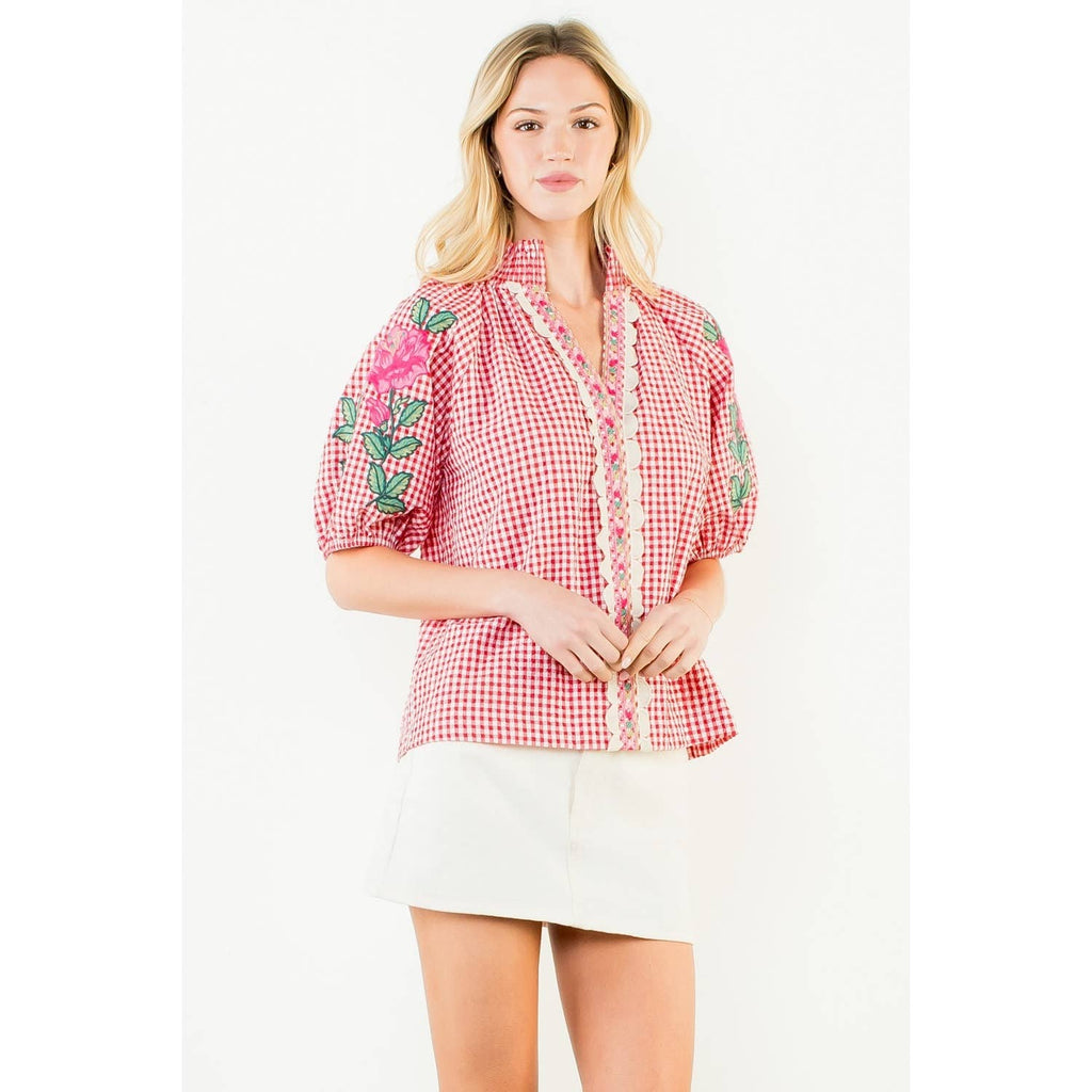 Embroidery Detail Puff Sleeve Gingham V-Neck Top