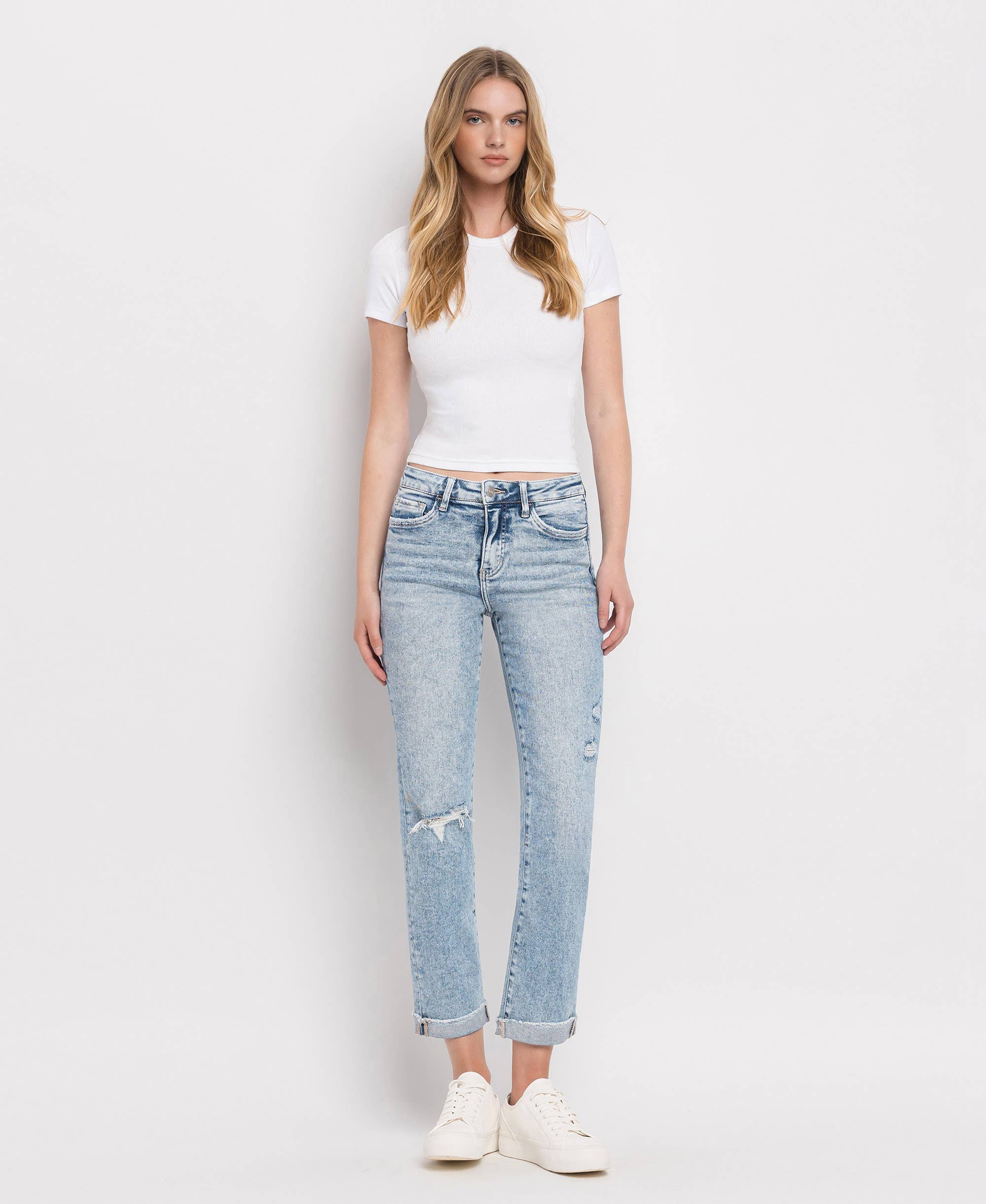 TUMMY CONTROL HIGH RISE CUFF SLIM STRAIGHT JEANS LV1302