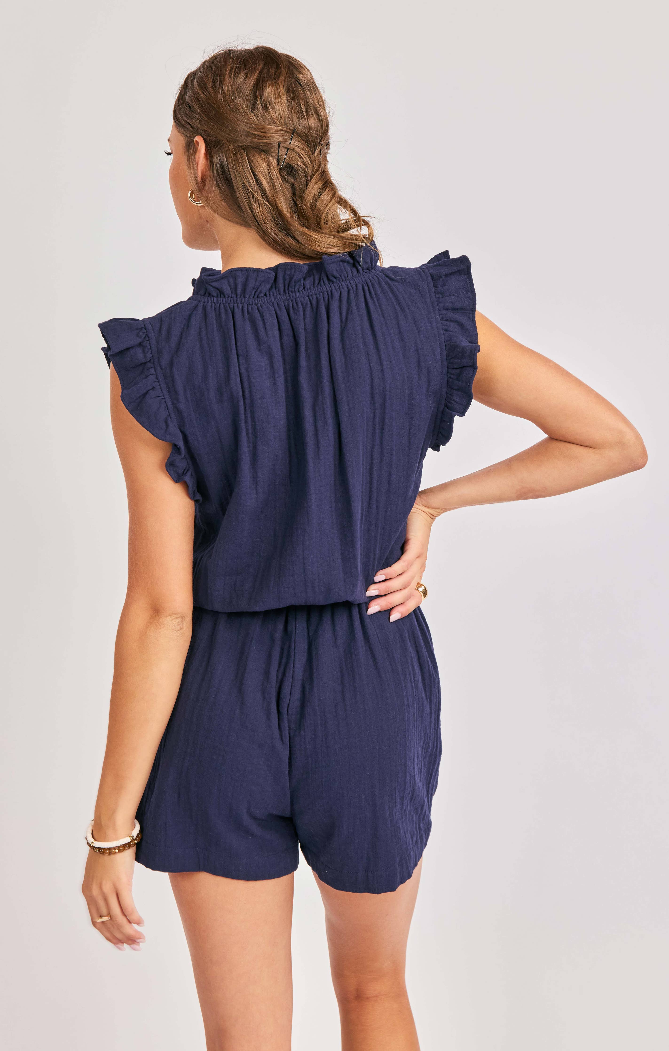 Lilah Ruffle Sleeve Romper:NAVY