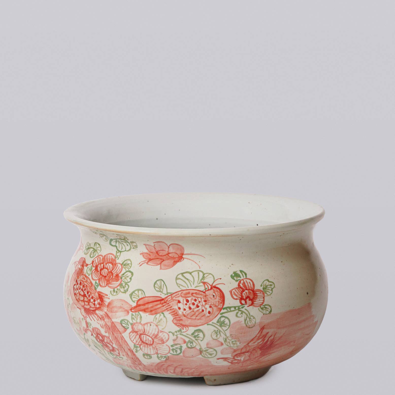Rustic Bird & Flower Pink & Green Porcelain Bulbous Cachepot