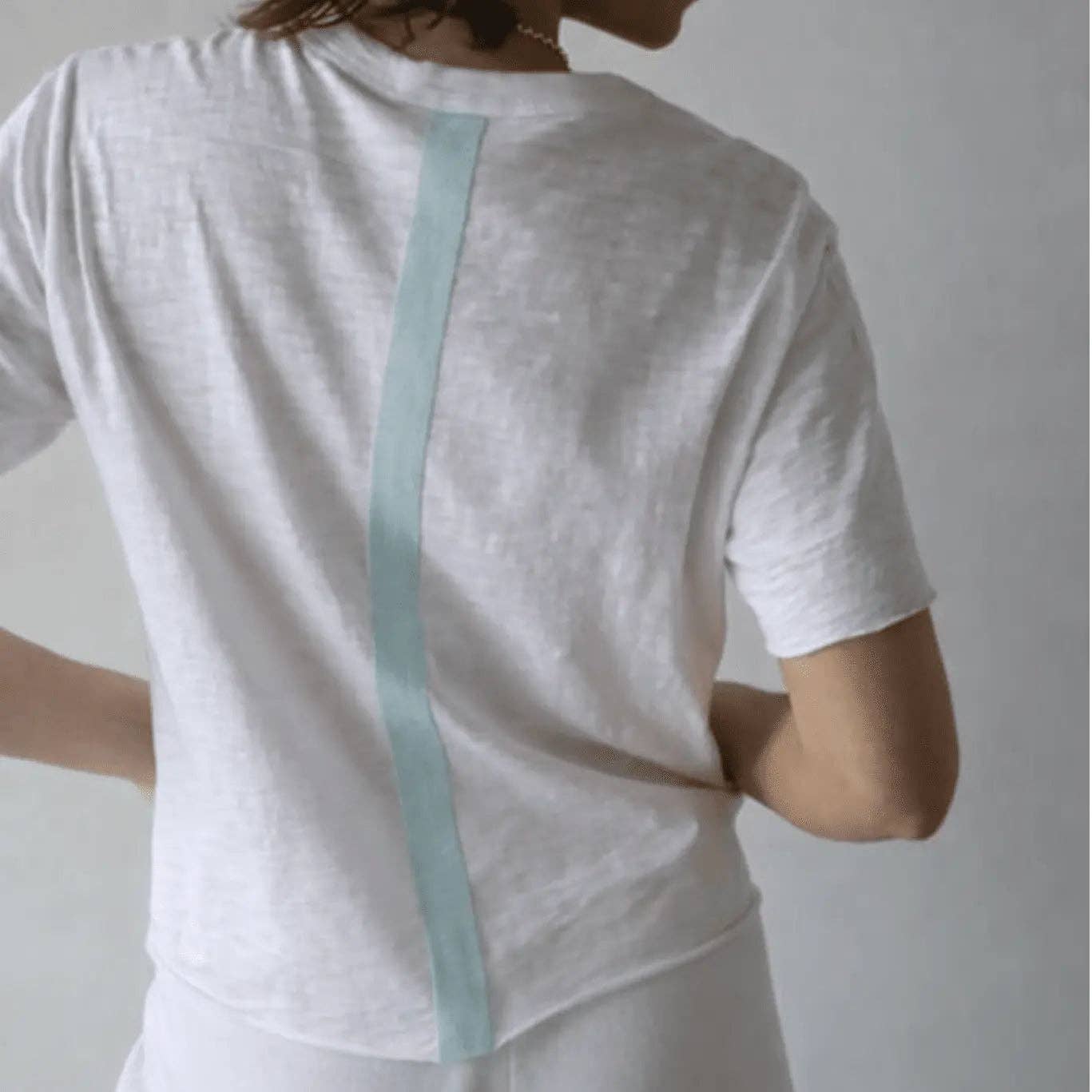 Relaxed Crew in White with Sea Glass Blue Stripe - Short Sleeve