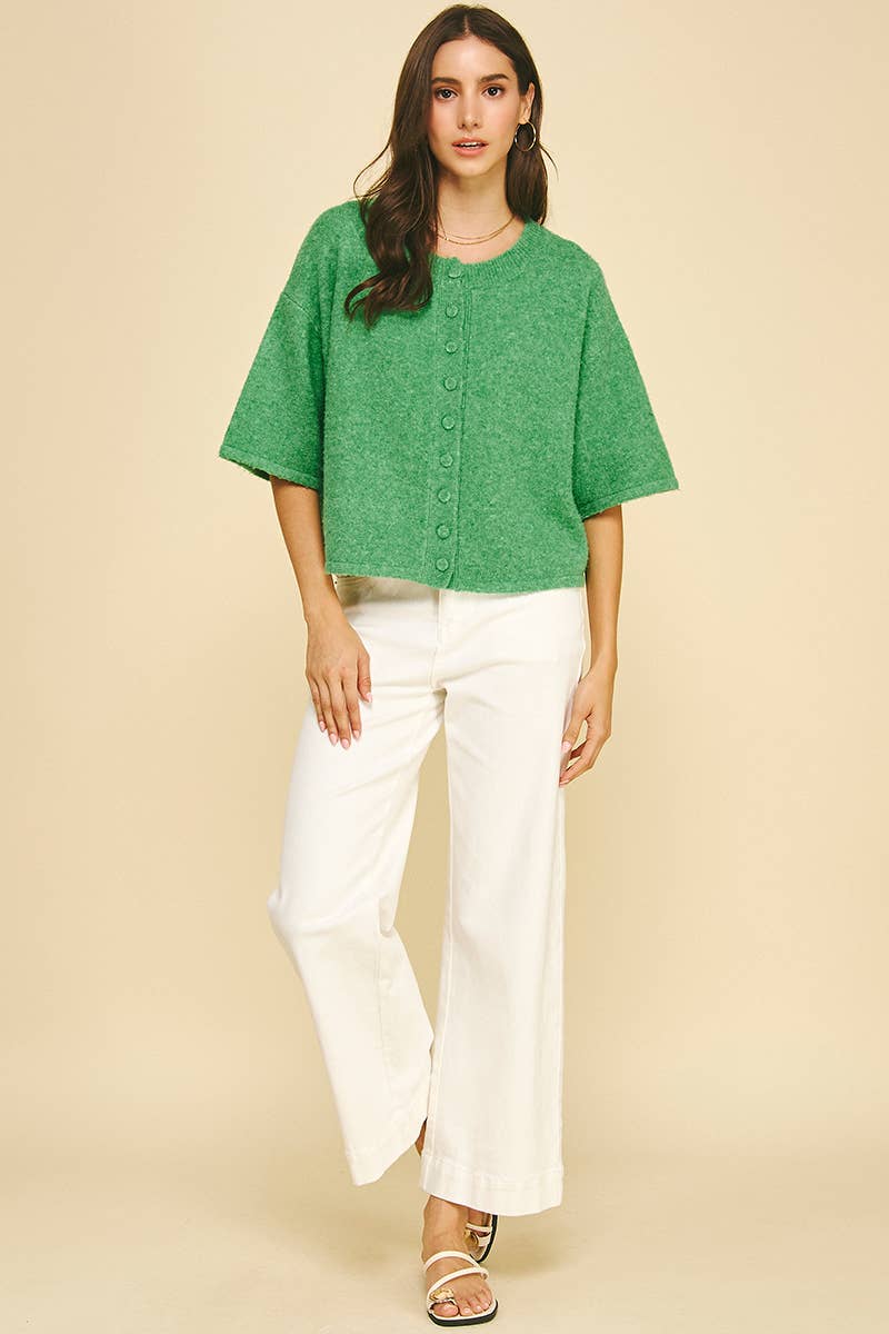 BUTTON DOWN SHORT SLEEVE SWEATER - 6752W