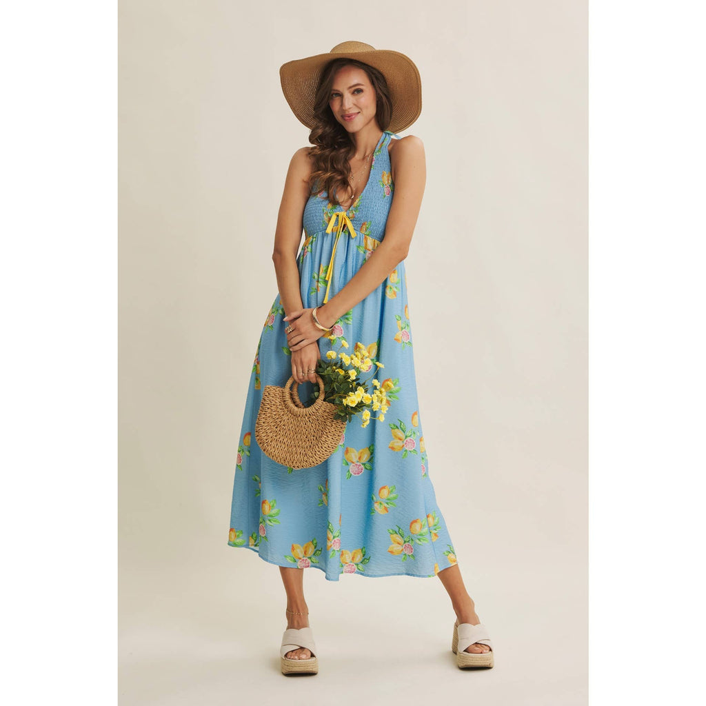 AMALFI COAST VIBE SMOCKED FLARE HALTER LEMON MIDI DRESS