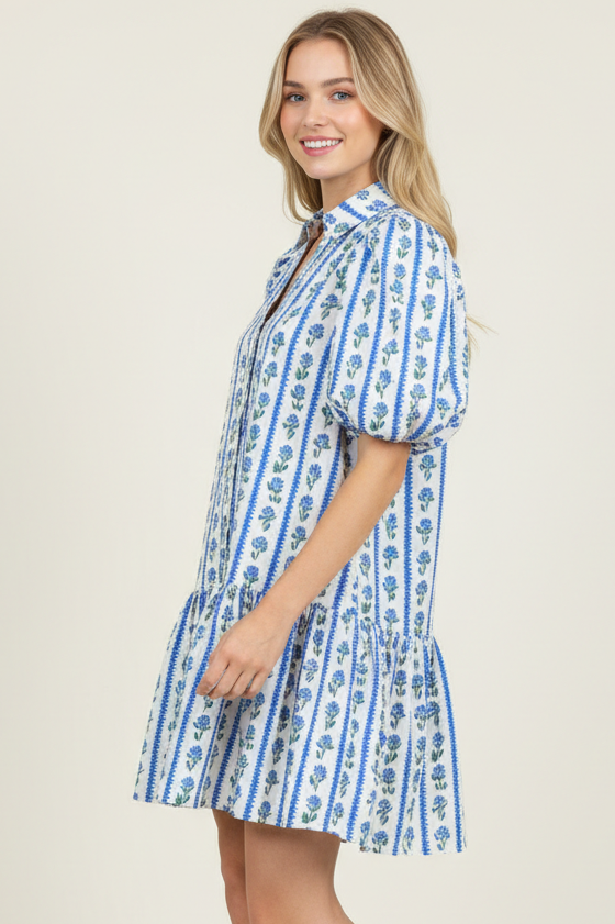 FLORAL STRIPE PUFFED SLEEVE MINI DRESS - 4450DK